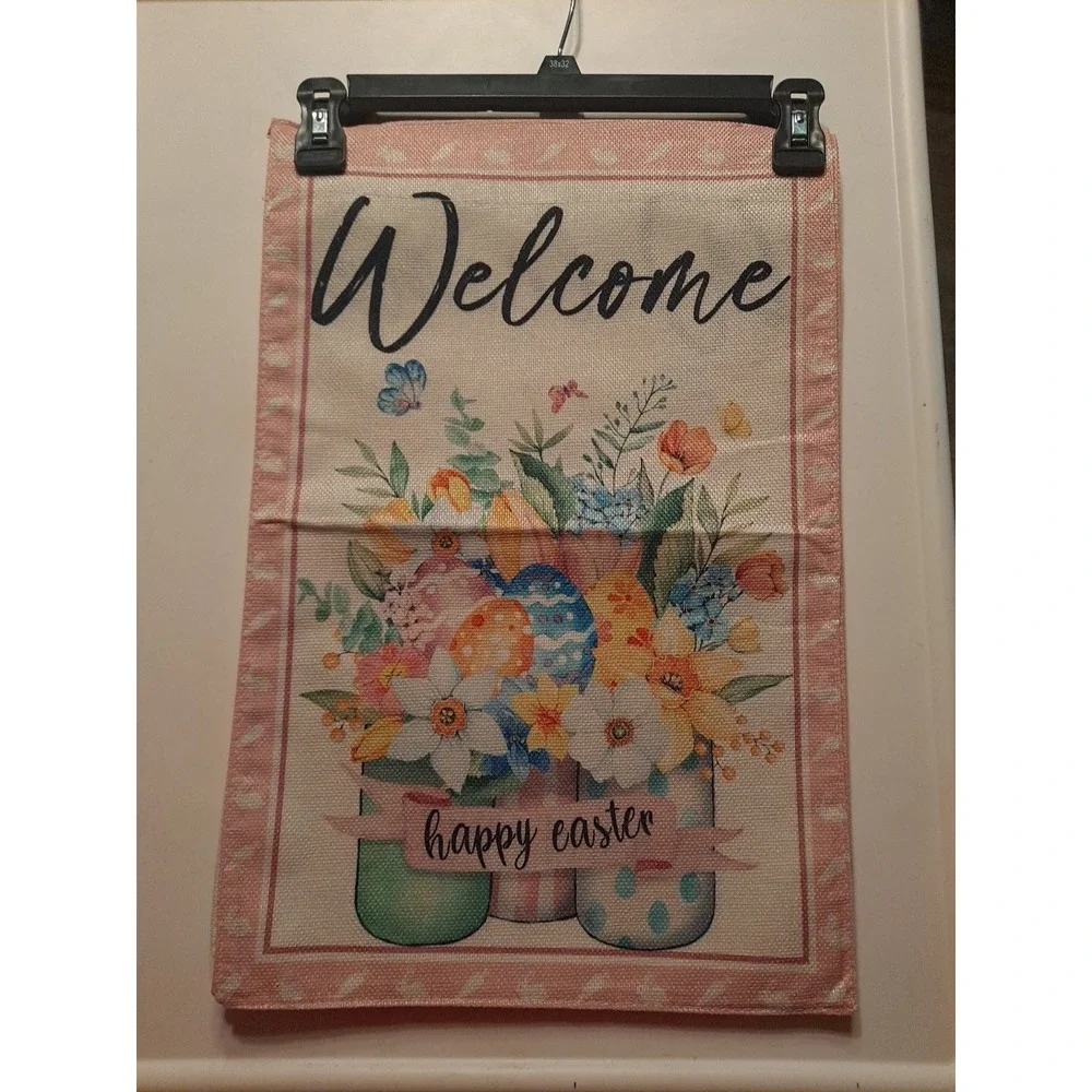 NEW 1pc Double Sided Welcome Happy Easter Garden Flag 12x18  Flowers And‎ Jars